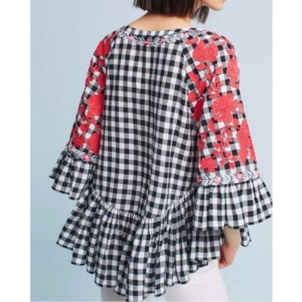 Anthropologie Pankaj and Nidhi Gingham Check Applique Cotton Top S NWOT - Picture 4 of 16